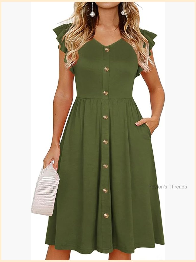 Ruffle Sleeve V-Neck Button Down Midi Swing Dress With Pockets